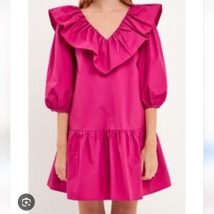 NWT English Factory Long Sleeve V Neck Ruffled Mini Dress Size L Berry